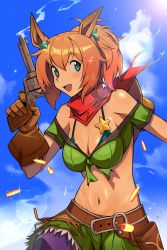 Rule 34 | 1girl, :d, absurdres, animal ears, bad id, bad pixiv id, bare shoulders, belt, blue eyes, blue sky, blush, breasts, brown belt, brown gloves, brown hair, cleavage, cloud, commentary, cowboy shot, crop top, day, fang, glint, gloves, green shirt, green skirt, groin, gun, hair between eyes, hair ornament, hand up, hat on back, highres, holding, holding gun, holding weapon, holster, horse ears, horse girl, horse tail, large breasts, long hair, looking at viewer, midriff, navel, off-shoulder shirt, off shoulder, open mouth, ponytail, psycho (1777), purple thighhighs, red scarf, scarf, shell casing, shirt, sidelocks, skin fang, skirt, sky, smile, solo, standing, star (symbol), star hair ornament, taiki shuttle (umamusume), tail, thighhighs, umamusume, weapon