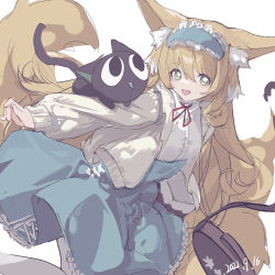 Rule 34 | 1girl, :d, absurdres, animal, animal ears, animal on shoulder, arknights, bag, black cat, blonde hair, blue hairband, blue skirt, cat, cat on shoulder, dated, feet out of frame, fox ears, fox girl, fox tail, frilled hairband, frills, green eyes, hairband, high-waist skirt, highres, jacket, long hair, long sleeves, looking at viewer, luo xiaohei, multicolored hair, multiple tails, official alternate costume, open clothes, open jacket, open mouth, pantyhose, qtian, shirt, skirt, smile, solo, suzuran (arknights), suzuran (spring praise) (arknights), tail, luo xiaohei zhanji, two-tone hair, very long hair, white hair, white jacket, white pantyhose, white shirt