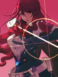 Rule 34 | 1girl, belt, black gloves, bow, bowtie, collared shirt, commentary, evoker, fighting stance, glint, gloves, gradient background, highres, holding, holding sword, holding weapon, kirijou mitsuru, long hair, looking at viewer, parted lips, persona, persona 3, persona 3 reload, pink background, red bow, red bowtie, red eyes, red hair, red lips, ribbed shirt, s.e.e.s, shirt, solo, sword, upper body, weapon, white shirt, yuenibushi