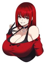 Rule 34 | 1girl, absurdres, bare shoulders, breasts, choker, cleavage, cross, fingerless gloves, gloves, highres, hz (666v), large breasts, long hair, long sleeves, original, red eyes, red hair, solo, stitched face, stitches