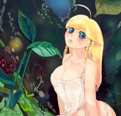 Rule 34 | 1girl, :o, ahoge, bad id, bad pixiv id, blonde hair, blue eyes, braid, breasts, cleavage, forest, large breasts, long hair, nature, nipples, pointy ears, see-through, solo, suoni (deeperocean), wet