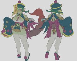 Rule 34 | 1girl, ass, breasts, cleavage, female focus, green hair, hat, jiangshi, large breasts, poch4n, pointy ears, solo