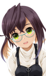 Rule 34 | 1girl, black dress, blue-framed eyewear, blush, brown hair, commentary request, dress, fukaiton, glasses, green eyes, halterneck, highres, kantai collection, looking at viewer, multicolored hair, okinami (kancolle), open mouth, short hair, simple background, smile, solo, sweater, upper body, white background, white sweater