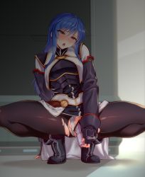 Rule 34 | 1girl, absurdres, arm support, armor, bad id, bad pixiv id, bar censor, black footwear, black gloves, black pantyhose, black sleeves, blue eyes, blue hair, blush, breastplate, censored, clothing aside, dildo, female masturbation, fingerless gloves, gloves, hair between eyes, head tilt, highres, huge filesize, long hair, maria traydor, masturbation, momihige, nose blush, object insertion, open mouth, panties, panties aside, pantyhose, pussy, pussy juice, sex toy, solo, spread legs, squatting, star ocean, star ocean till the end of time, sweat, thighs, torn clothes, torn pantyhose, underwear, vaginal, vaginal object insertion, waist cape, white panties