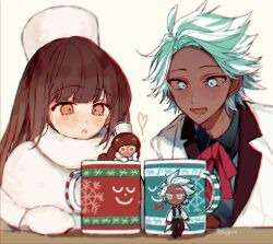 Rule 34 | 1boy, 1girl, aqua eyes, aqua hair, brown hair, capelet, closed mouth, coat, cocoa cookie, cookie run, cup, dark-skinned male, dark skin, fur hat, gloves, hat, humanization, long hair, mint choco cookie, mittens, mug, neck ribbon, open mouth, papakha, red ribbon, ribbon, sapphire (nine), simple background, smile, very long hair, white background, white capelet, white coat, white gloves, white hat