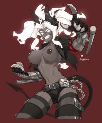 Rule 34 | 1girl, armband, belt, black horns, black jacket, black shorts, black thighhighs, breasts, broken heart, chain, character name, clawed gauntlets, colored eyelashes, commentary, cowboy shot, cropped jacket, dark-skinned female, dark areolae, dark skin, demon girl, demon horns, demon tail, gauntlets, grin, heart, helltaker, horns, jacket, judgement (helltaker), knifedragon, large breasts, long hair, looking at viewer, navel, nipple bar, nipple piercing, nipples, no bra, open clothes, open jacket, pentagram, piercing, pointing, red background, short shorts, short sleeves, shorts, smile, solo, spiked horns, symbol-only commentary, tail, thigh strap, thighhighs, white eyes, white hair