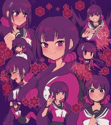 Rule 34 | 1girl, :o, alternate costume, black skirt, blunt bangs, blush, bow, cele (310v3), commentary, crying, danganronpa (series), danganronpa v3: killing harmony, earrings, english commentary, exercising, fingernails, flower, grin, hair ornament, hairclip, hand up, harukawa maki, highres, holding, holding knife, jewelry, knife, long hair, looking at viewer, low twintails, mole, mole under eye, nail polish, open mouth, parted lips, pink nails, pink thighhighs, pleated skirt, profile, purple background, red eyes, red flower, red scrunchie, red shirt, sad, sailor collar, school uniform, scrunchie, serafuku, sharp fingernails, shirt, sit-up, sit ups, sitting, skirt, smile, tears, thighhighs, twintails, white bow, white shirt