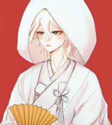 Rule 34 | 1boy, a po (liuxiaobo0413), blush, brown eyes, closed mouth, commentary request, danganronpa (series), danganronpa 2: goodbye despair, folding fan, hair between eyes, hand fan, highres, holding, holding fan, hood, hood up, japanese clothes, kimono, komaeda nagito, long neck, looking at viewer, male focus, paper fan, red background, short hair, simple background, solo, upper body