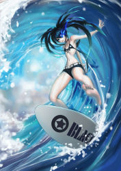 Rule 34 | 10s, 1girl, barefoot, bikini, black hair, black rock shooter, black rock shooter (character), blue eyes, feet, flat chest, glowing, glowing eye, highres, legs, long hair, lucky9, navel, shorts, smile, soles, solo, surfboard, surfing, swimsuit, toes, twintails, water, waves