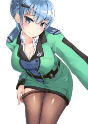 Rule 34 | 1girl, 463 jun, belt, bent over, blue dress, blue eyes, blush, braid, breasts, brown pantyhose, cleavage, clothes pull, collarbone, cowboy shot, dress, female focus, grey eyes, highres, large breasts, long sleeves, looking at viewer, military, military uniform, miniskirt, original, pantyhose, pantyhose pull, shirt, simple background, skirt, solo, uniform
