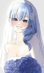 Rule 34 | 0923 azu, 1girl, blue flower, blue hair, blush, breasts, bridal veil, cleavage, collarbone, dress, earrings, flower, hair flower, hair ornament, hair over shoulder, highres, idolmaster, idolmaster shiny colors, jewelry, looking at viewer, necklace, pearl necklace, purple eyes, smile, solo, strapless, strapless dress, suzuki hana, veil, wedding dress, white dress