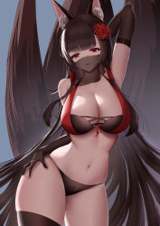 Rule 34 | 1girl, absurdres, akagi (azur lane), akagi (paradise amaryllis) (azur lane), animal ears, arm behind head, arm up, armpits, azur lane, bikini, black bikini, black gloves, black hair, black thighhighs, blunt bangs, breasts, cleavage, collarbone, contrapposto, cowboy shot, elbow gloves, flower, fox ears, fox girl, fox tail, gloves, hair flower, hair ornament, hand on own hip, highres, lahz52, large breasts, long hair, mouth veil, multiple tails, navel, official alternate costume, parted lips, red bikini, red eyes, red flower, see-through, skindentation, smile, solo, spider lily, stomach, straight hair, swimsuit, tail, thighhighs, two-tone bikini, veil, very long hair