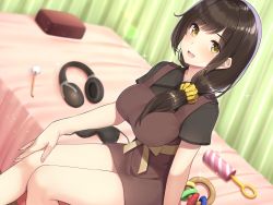 Rule 34 | 1girl, bed, black shirt, blindfold, brown dress, brown hair, curtains, dress, dutch angle, ear picking, go-1, hair over shoulder, headphones, highres, long hair, low tied hair, open mouth, original, scrunchie, shirt, sitting, thighs, yellow eyes, yellow scrunchie