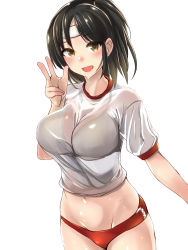 Rule 34 | 1girl, absurdres, black hair, bra visible through clothes, brown eyes, commentary request, cowboy shot, eureka (eureka-0075), headband, highres, kantai collection, looking at viewer, nagara (kancolle), open mouth, shirt, short hair, short sleeves, simple background, solo, w, white background, white shirt