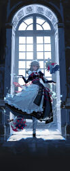 1girl absurdres alexandrina_sebastiane bangboo_(zenless_zone_zero) black_footwear black_gloves black_skirt breasts commentary_request full_body gloves grey_hair hair_between_eyes highres large_breasts light_smile long_hair long_sleeves maid maid_headdress meinoss pantyhose partially_fingerless_gloves puffy_long_sleeves puffy_sleeves red_eyes shoes skirt solo standing white_pantyhose window zenless_zone_zero