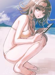 Rule 34 | 1girl, :o, bad feet, bare arms, bare legs, bare shoulders, barefoot, beach, bikini, blush, breasts, brown eyes, brown hair, cleavage, collarbone, commentary request, danganronpa (series), danganronpa 2: goodbye despair, danganronpa s: ultimate summer camp, day, flipped hair, from side, hair ornament, hairclip, highres, holding, holding phone, large breasts, looking at viewer, nanami chiaki, outdoors, phone, solo, swimsuit, visket53, white bikini