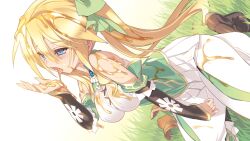 Rule 34 | 1girl, agarest senki (series), blade (galaxist), blonde hair, blue eyes, blush, boots, breasts, brooch, brown footwear, detached sleeves, dutch angle, game cg, grass, jewelry, jiolet, kneeling, large breasts, licking, long hair, non-web source, official art, open mouth, photoshop (medium), pleated skirt, skirt, solo, tongue, tongue out