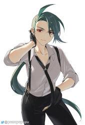 Rule 34 | 1girl, black gloves, black necktie, black pants, closed mouth, collarbone, collared shirt, commentary request, cowboy shot, creatures (company), ear piercing, game freak, gloves, green hair, hand in pocket, highres, long hair, looking at viewer, necktie, nintendo, pants, piercing, pokemon, pokemon sv, ponytail, puuzaki puuna, red eyes, rika (pokemon), shirt, simple background, solo, suspenders, twitter logo, twitter username, very long hair, white background, white shirt
