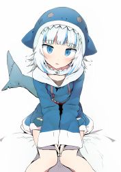 Rule 34 | 1girl, animal hood, blue eyes, blue hair, blue hoodie, blush, cross-eyed, fins, fish tail, flying sweatdrops, gawr gura, gawr gura (1st costume), hololive, hololive english, hood, hoodie, long sleeves, looking at viewer, multicolored hair, open mouth, shark girl, shark hood, shark tail, sharp teeth, simple background, smile, solo, streaked hair, tail, teeth, tottotonero, virtual youtuber, white hair