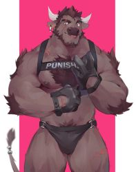 Rule 34 | 1boy, :p, adjusting clothes, adjusting gloves, animal ears, bara, bare pectorals, beard, black male underwear, briefs, brown fur, bulge, chest hair, chest harness, clothes writing, cow ears, cow horns, cow tail, cowboy shot, earrings, eyebrow cut, facial hair, furry, furry male, gloves, harness, highres, horns, hydaus, jewelry, large pectorals, looking at viewer, male focus, male underwear, mature male, minotaur, muscular, muscular male, nipples, no pants, original, pectorals, scar, scar across eye, scar on chest, scar on face, scar on leg, short hair, skindentation, snout, solo, tail, thick thighs, thighs, tongue, tongue out, underwear