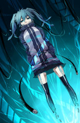 Rule 34 | 1girl, blue eyes, blue hair, cable, dutch angle, ene (kagerou project), headphones, jinzou enemy (vocaloid), kagerou project, long hair, skirt, solo, twintails, vocaloid, wonoco0916