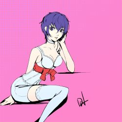 Rule 34 | 1girl, blue hair, breasts, catherine (cosplay), catherine (game), choker, cleavage, cosplay, dh (brink of memories), highres, persona, persona 4, shirogane naoto, short hair, thighhighs