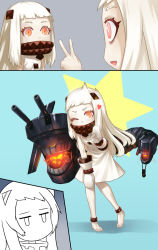 Rule 34 | 10s, 2girls, abyssal ship, airfield princess, anklet, barefoot, comic, heart, highres, horns, jewelry, jiffic, jitome, kantai collection, leaning forward, long hair, looking at viewer, lots of jewelry, mittens, monster, multiple girls, northern ocean princess, one eye closed, open mouth, pale skin, red eyes, silent comic, turret, v, white hair, you&#039;re doing it wrong