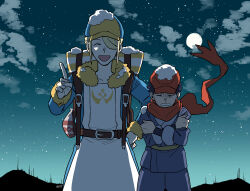 Rule 34 | 2boys, blonde hair, commentary request, creatures (company), crossed arms, full moon, game freak, hair over one eye, hat, highres, male focus, moon, multiple boys, night, nintendo, one eye covered, outdoors, pokemon, pokemon legends: arceus, red scarf, rei (pokemon), scarf, short hair, smile, snow, star (sky), trembling, volo (pokemon), yc157 ar