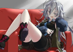 Rule 34 | 1girl, ahoge, bike shorts, black shirt, blue necktie, blush, boots, braid, chess piece, commentary request, crossed legs, girls&#039; frontline, grey eyes, highres, jacket, legs, long hair, long sleeves, looking at viewer, messy hair, necktie, on chair, open mouth, shiba (zudha), shirt, silver hair, single braid, sleeveless, sleeveless shirt, smile, solo, xm8 (girls&#039; frontline)