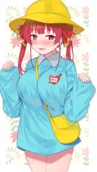 Rule 34 | 1girl, absurdres, alternate costume, arrow through heart, bag, between breasts, blue shirt, blush, breasts, cowboy shot, eyelashes, floral background, hair ribbon, hat, heterochromia, highres, hololive, houshou marine, kindergarten uniform, large breasts, long sleeves, looking at viewer, medium hair, name tag, open mouth, patterned background, red eyes, red hair, ribbon, school bag, school hat, school uniform, shirt, sleeves past wrists, smile, solo, strap between breasts, thighs, tonarikeru, twintails, virtual youtuber, white background, wing collar, yellow eyes, yellow hat