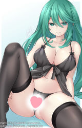 Rule 34 | 1girl, babydoll, black panties, black thighhighs, breasts, censored, crotchless, crotchless panties, date a live, gabriel evangel, green eyes, green hair, heart, heart censor, highres, large breasts, long hair, looking at viewer, natsumi (date a live), navel, panties, simple background, skindentation, smile, solo, spread legs, thighhighs, underwear