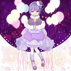 Rule 34 | akikazekinoko, androgynous, balloon, covered mouth, creatures (company), dress, drifloon, full body, game freak, gen 4 pokemon, gender request, hair ribbon, hat, long sleeves, looking at viewer, nintendo, personification, pink eyes, pokemon, purple dress, purple hair, purple socks, ribbon, socks, standing