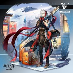 Rule 34 | 1boy, arknights, bishounen, elysium (arknights), english text, full body, gloves, highres, lantern, luggage, male focus, multicolored hair, outdoors, pienahenggou, purple eyes, red gloves, red hair, red scarf, rolling suitcase, scarf, short hair, snowing, solo, staff, standing, streaked hair, suitcase, white hair