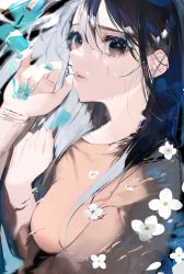 Rule 34 | 1girl, air bubble, black eyes, black hair, blue nails, brown sweater, bubble, crying, crying with eyes open, flower, hands up, highres, long hair, long sleeves, looking at viewer, lying, mizumi zumi, nail polish, nail polish bottle, on back, original, parted lips, solo, sweater, tears, underwater, upper body, white flower