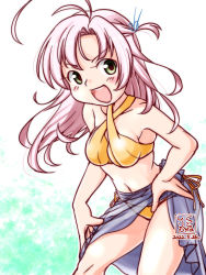 Rule 34 | alternate costume, artist logo, bikini, commentary request, cowboy shot, dated, kantai collection, kinugasa (kancolle), kinugasa kai ni (kancolle), kutone shirika, leaning forward, long hair, one side up, open mouth, pink hair, purple sarong, round teeth, sarong, see-through, see-through sarong, side-tie bikini bottom, smile, swimsuit, teeth, upper teeth only, yellow bikini