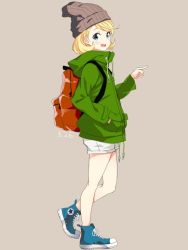 Rule 34 | 1girl, :d, aqua eyes, backpack, bag, beanie, blonde hair, green jacket, hand in pocket, hat, jacket, jpeg artifacts, mirai denki, open mouth, pointing, shoes, short hair, shorts, simple background, smile, sneakers, solo, standing, tan background, walking, white shorts