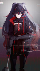Rule 34 | 1girl, 1other, black coat, black dress, black hair, black skirt, chinese commentary, coat, commentary, double-parted bangs, dress, feet out of frame, gauntlets, glitch, gradient background, gradient hair, hair ornament, highres, holding, holding sword, holding weapon, joints, karin (2290463757), long hair, looking down, lucia: plume (punishing: gray raven), mechanical arms, multicolored hair, necktie, off-shoulder dress, off shoulder, pleated skirt, pov, puffy sleeves, punishing: gray raven, red eyes, red hair, red necktie, robot joints, skirt, solo focus, streaked hair, sulking, sword, twintails, two-sided fabric, very long hair, weapon, x hair ornament