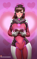 Rule 34 | 1girl, adapted costume, alternate color, animal print, badcompzero, blush, bodysuit, box, bracer, breasts, brown eyes, brown hair, cowboy shot, d.va (overwatch), eyelashes, facepaint, facial mark, gloves, headphones, heart, heart-shaped box, heart background, high collar, holding, light smile, lips, long hair, looking at viewer, medium breasts, nose, nose blush, overwatch, overwatch 1, parted lips, patreon, patreon username, pilot suit, pink background, rabbit print, ribbed bodysuit, shoulder pads, skin tight, solo, swept bangs, valentine, watermark, web address, whisker markings, white gloves