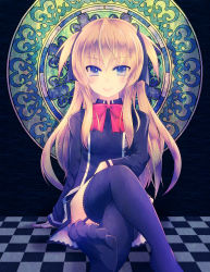 Rule 34 | 1girl, black thighhighs, blonde hair, blue eyes, checkered floor, crossed legs, feet, garter straps, long hair, looking at viewer, miyu (matsunohara), no shoes, quiz magic academy, ribbon, shalon, sitting, skirt, smile, solo, thighhighs, toes, two side up