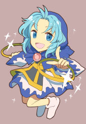 Rule 34 | 1girl, arms up, blue cape, blue dress, blue eyes, blue hair, blue hood, blue sleeves, boots, brown background, cape, chibi, dress, gem, hair between eyes, hands up, highres, holding, hood, jewelry, jumping, kumoi ichirin, long sleeves, looking at viewer, nayozane (worker7), open mouth, pointing, pointing at viewer, ring, short hair, simple background, smile, solo, star (symbol), touhou, white dress, white footwear, white sleeves, wide sleeves