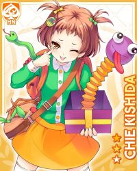 Rule 34 | 1girl, akanbe, backpack, bag, blouse, bow, brown hair, button, card, character name, eyelid pull, frog, girlfriend (kari), green shirt, hair ornament, hand on own face, kishida chie, official art, one eye closed, open mouth, orange background, orange skirt, qp:flapper, shirt, skirt, smile, snake, solo, strap, tagme, tongue, tongue out, toy, twintails, white shirt, yellow eyes