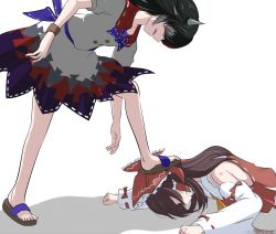 Rule 34 | 2girls, angry, bad end, black hair, brown hair, clenched teeth, cone horns, defeat, feet, foot on head, grey horns, hakurei reimu, highres, horns, kijin seija, long hair, looking down, md5 mismatch, monadmandara, multiple girls, prostration, resolution mismatch, sandals, short hair, short sleeves, source larger, stepped on, teeth, touhou, white background