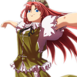 Rule 34 | 1girl, bloom, blue eyes, chinese clothes, embodiment of scarlet devil, female focus, hong meiling, long hair, nazo kichi, orange hair, outstretched arms, puffy sleeves, smile, solo, spread arms, stretching, touhou