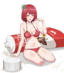 Rule 34 | 1girl, absurdres, bad id, bad pixiv id, breasts, cleavage, condensed milk, cum, facial, food-themed hair ornament, food print, full body, hair ornament, half-closed eyes, highres, navel, original, personification, red eyes, red hair, simple background, sitting, solo, strawberry hair ornament, strawberry print, suggestive fluid, tongue, tuskryo, white background