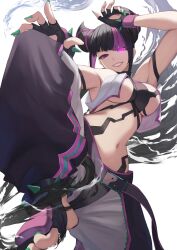 Rule 34 | 1girl, bare shoulders, black gloves, black hair, black pants, breasts, diagonal bangs, drill hair, fingerless gloves, gloves, glowing, glowing eye, green nails, han juri, highres, large breasts, leg up, looking at viewer, mixed-language commentary, multicolored hair, multicolored pants, navel, pants, parted lips, purple eyes, purple hair, revealing clothes, smile, solo, street fighter, underboob, wabimochi, white pants