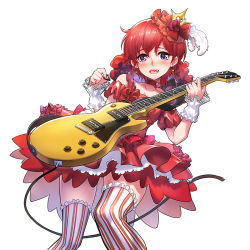 Rule 34 | 1girl, blue eyes, blush, bow, choker, collarbone, commentary request, crown hair ornament, detached sleeves, dress, earrings, electric guitar, embarrassed, feathers, guitar, heart, idolmaster, idolmaster million live!, instrument, jewelry, julia (idolmaster), looking at viewer, open mouth, plectrum, red dress, red hair, short hair, simple background, solo, star (symbol), striped clothes, striped thighhighs, thighhighs, todee, white background, wrist cuffs