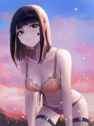Rule 34 | 1girl, :3, absurdres, bare arms, bare shoulders, bent over, black hair, blush, bra, breasts, brown eyes, cleavage, closed mouth, cloud, collarbone, cowboy shot, facial mark, fishnet thighhighs, fishnets, gradient sky, highres, light particles, long hair, looking at viewer, mac star, medium breasts, multicolored hair, orange bra, orange hair, orange panties, original, panties, sky, solo, star (symbol), streaked hair, thighhighs, twilight, two-tone hair, underwear, underwear only