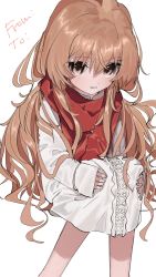 Rule 34 | 1girl, aisaka taiga, brown eyes, brown hair, coat, commentary request, donut 335, hair between eyes, highres, light blush, long hair, long sleeves, looking at viewer, parted lips, partial commentary, red scarf, scarf, simple background, sitting, sleeves past wrists, solo, toradora!, white background, white coat