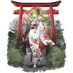 Rule 34 | 1girl, animal print, arrow (projectile), bahao diqiu, bare tree, butterfly print, ema, floral print, flower, flower request, foliage, full body, fur-trimmed kimono, fur trim, girls&#039; frontline, green hair, hair flower, hair ornament, hamaya, highres, holding, holding arrow, japanese clothes, kimono, light blush, long hair, looking at viewer, m950a (girls&#039; frontline), m950a (the elegance of tea is undefeated by the snow) (girls&#039; frontline), multiple torii, new year, obi, official alternate costume, official art, okobo, outdoors, outstretched hand, parted lips, path, road, sandals, sash, shrine, socks, solo, stairs, standing, standing on one leg, tabi, torii, transparent background, tree, twintails, white kimono, white socks, yellow eyes