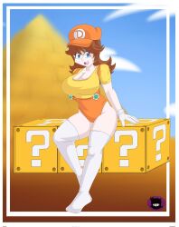 Rule 34 | 1girl, ? block, arm support, blue eyes, breasts, brown hair, cleavage, desert, gloves, hat, highres, large breasts, legs, looking at viewer, mario (series), nintendo, open mouth, overalls, princess daisy, shirt, short hair, sitting, smile, solo, super mario land